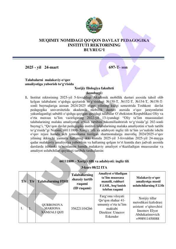 Talabalarni malakaviy-o‘quv amaliyoti bo‘yicha buyruq