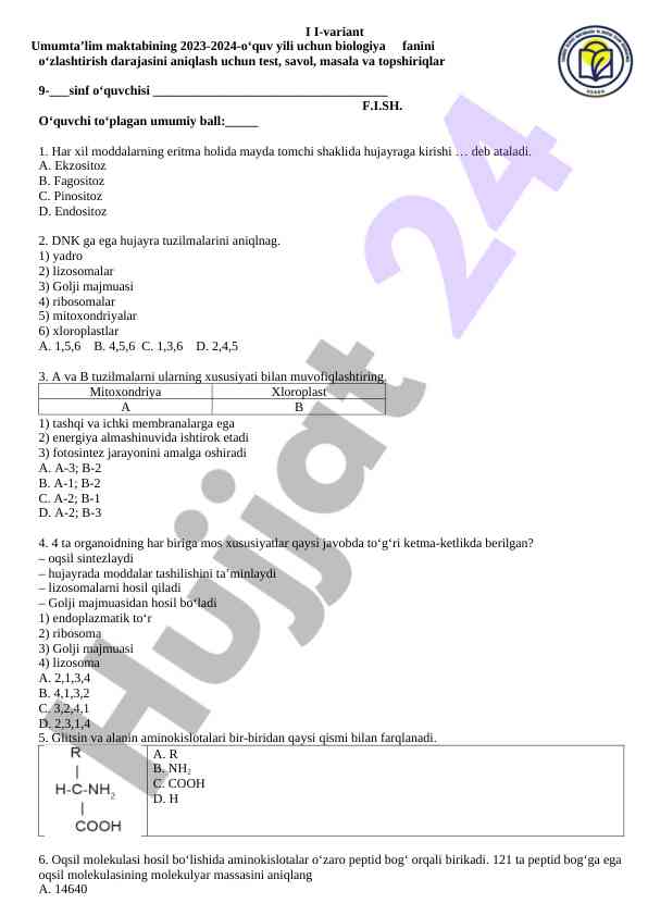 Biologiya fanidan savollarga test to‘plami 2023-2024