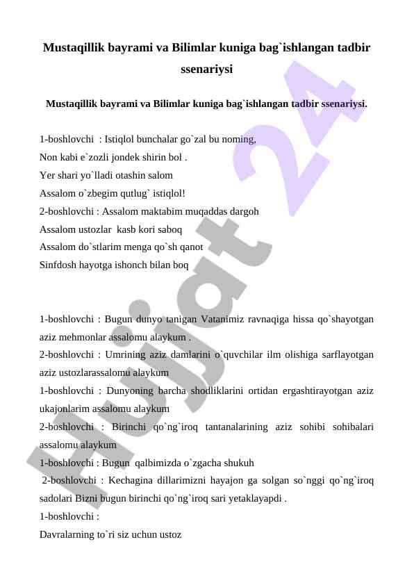 Mustaqillik bayrami va bilimlar kuni tadbir ssenariysi