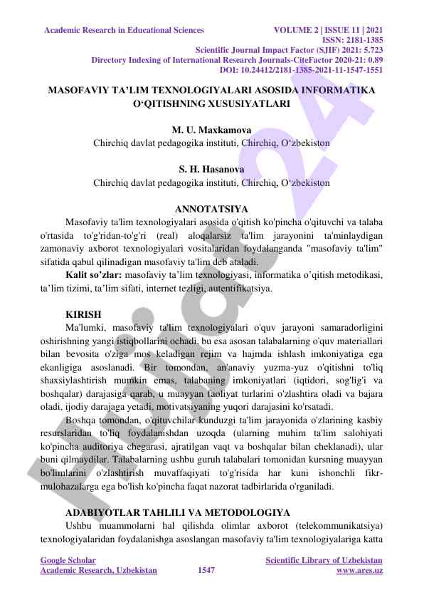 Masofaviy ta’lim texnologiyalari asosida informatika o‘qitish