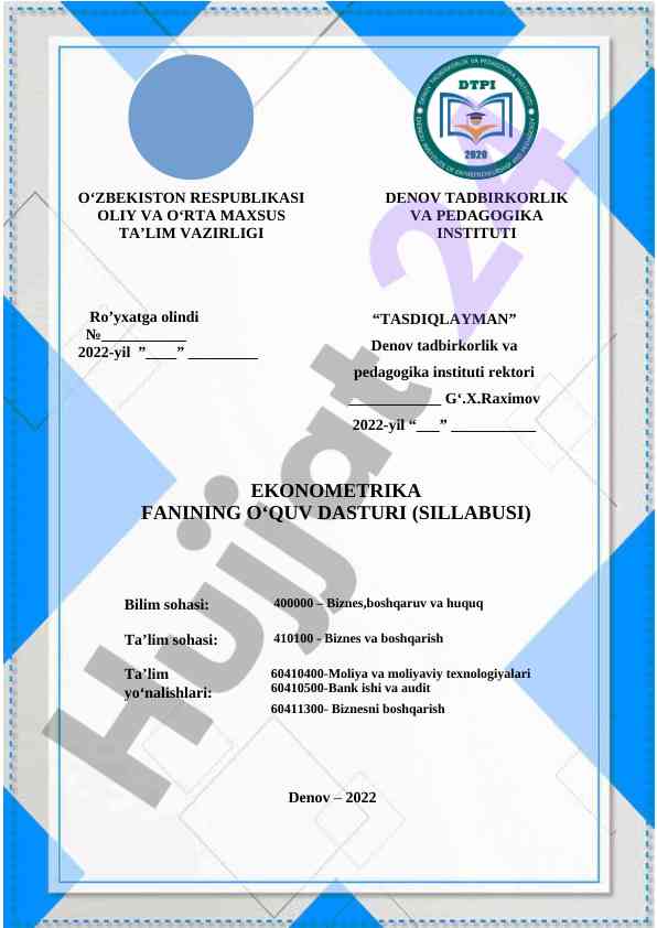 Ekonometriya fanining o‘quv dasturi