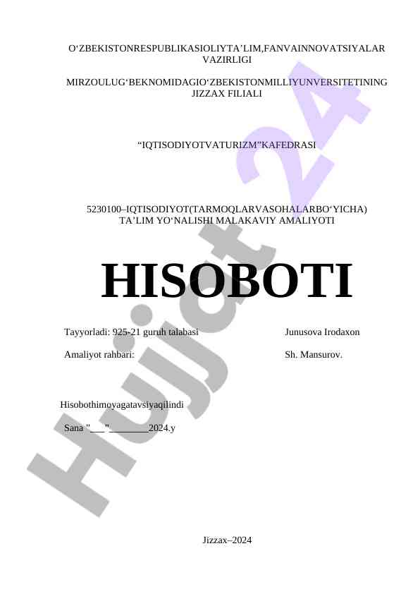 Iqtisodiyot va turizm kafedrasi amaliyoti hisoboti