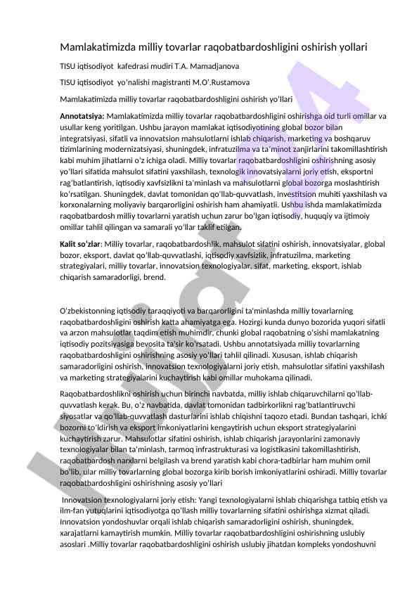 Milliy tovarlar raqobatbardoshligini oshirish yo'llari