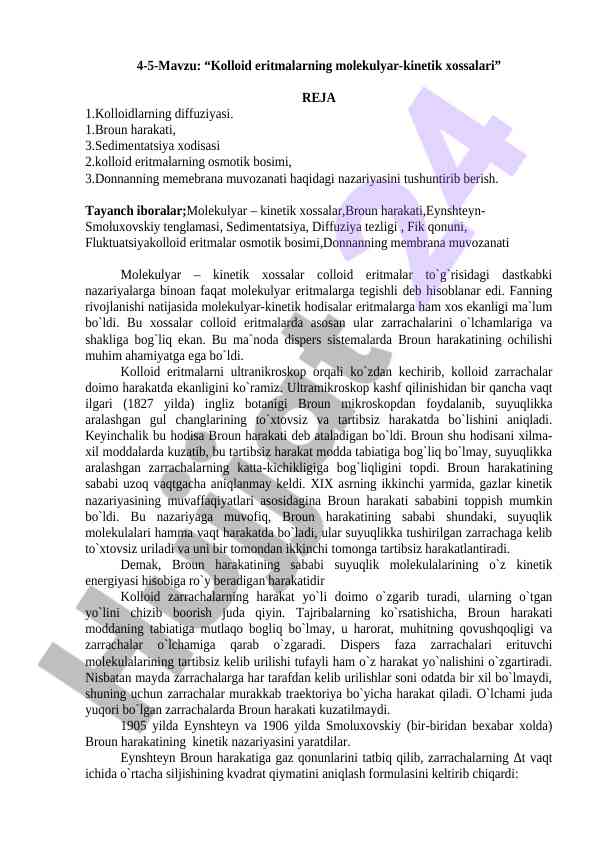 Kolloid eritmalarning molekulyar-kinetik xossalari