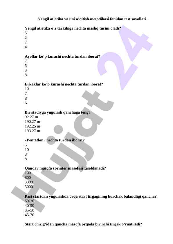 Yengil atletika o’qitish metodikasi fanidan test savollari