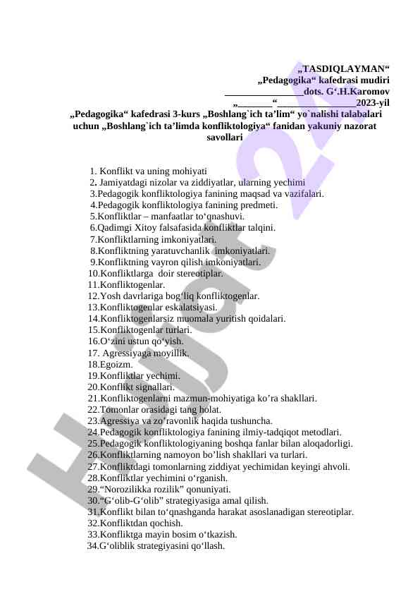 Boshlang‘ich ta’limda konfliktologiya fanidan nazorat savollari
