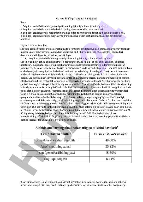 Sog‘liqni saqlash xarajatlari tahlili