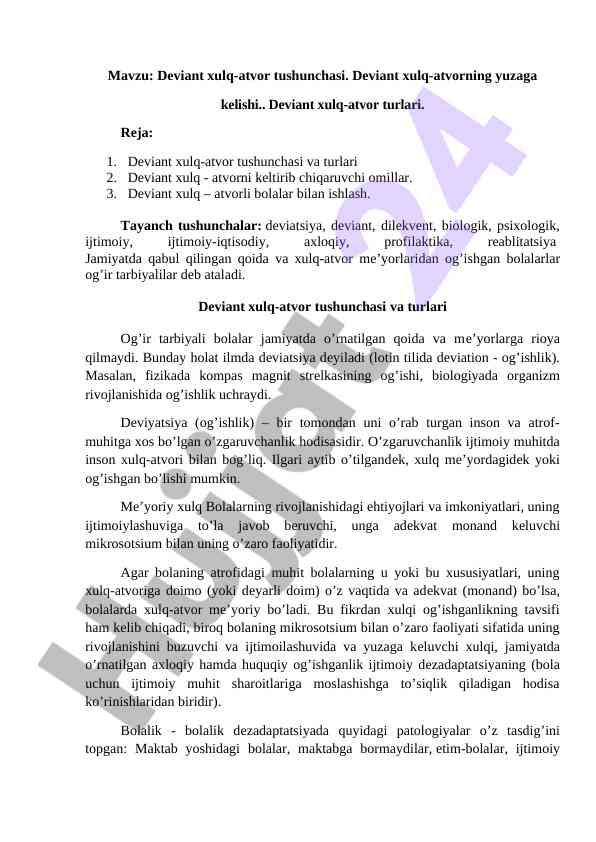 Deviant xulq-atvor tushunchasi va turlari