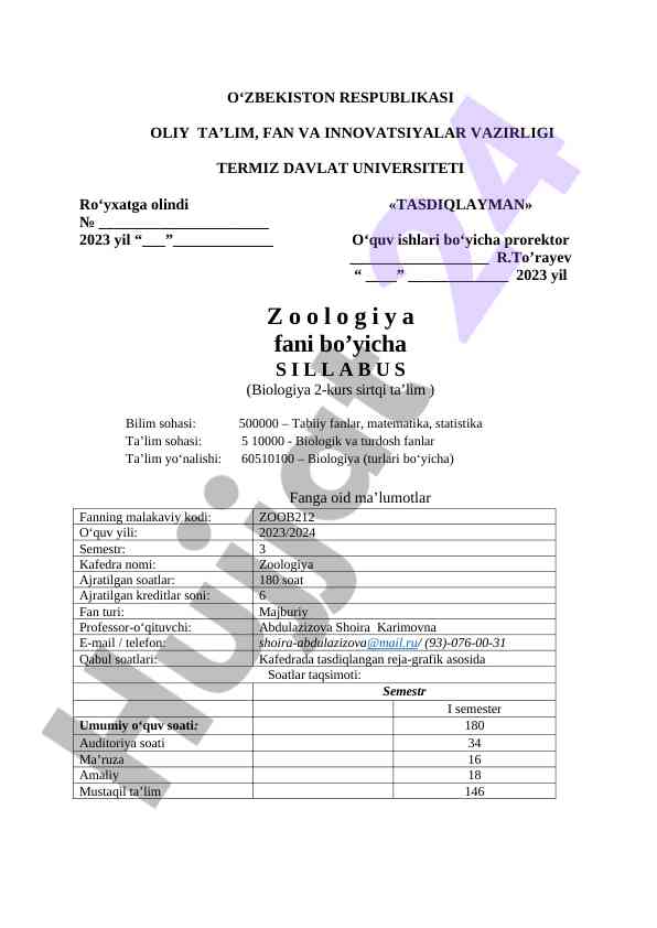 Zoologiya pani bo‘yicha sillabus 2023