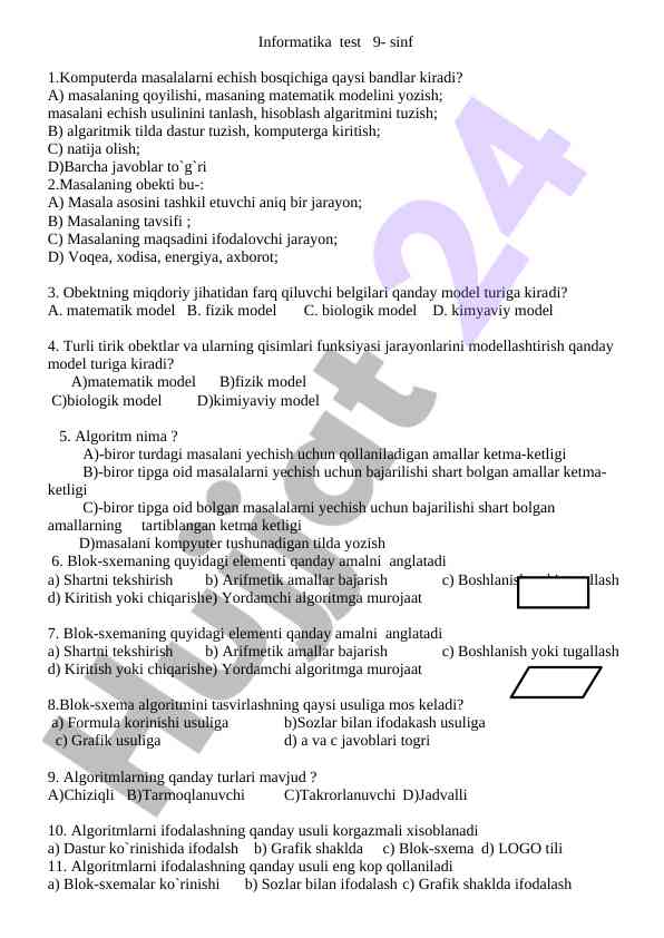 Informatika test savollari 9-sinf