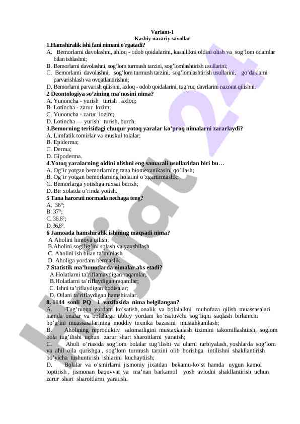 Hamshiralik ishiga doir nazariy savollar