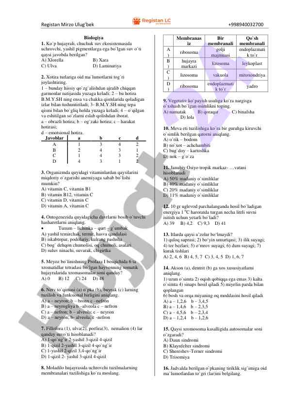 Biologiya testlari va savollari