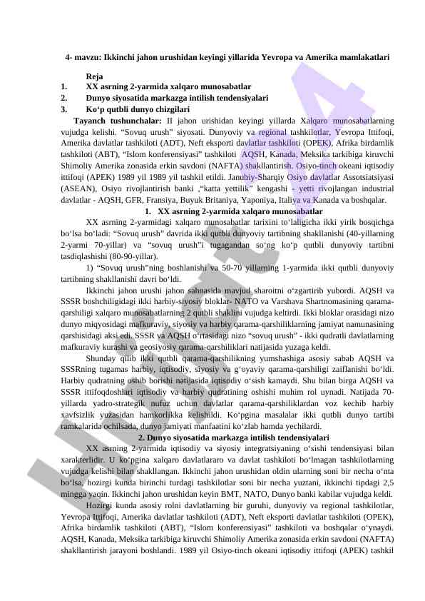 Ikkinchi jahon urushidan keyingi yillarda xalqaro munosabatlar