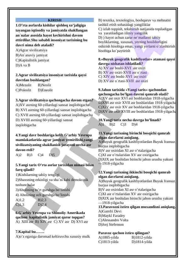 Agrar sivilizatsiya tarixi bo'yicha test savollari