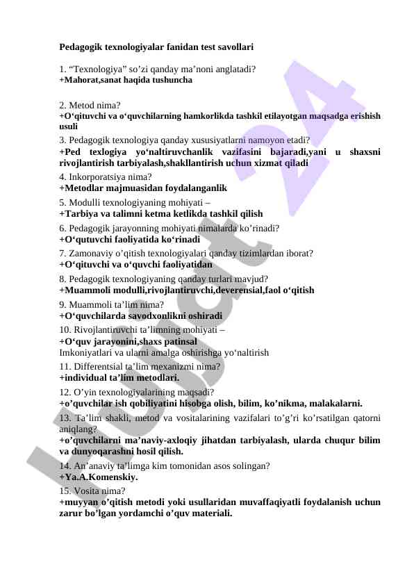 Pedagogik texnologiyalar fanidan test savollari