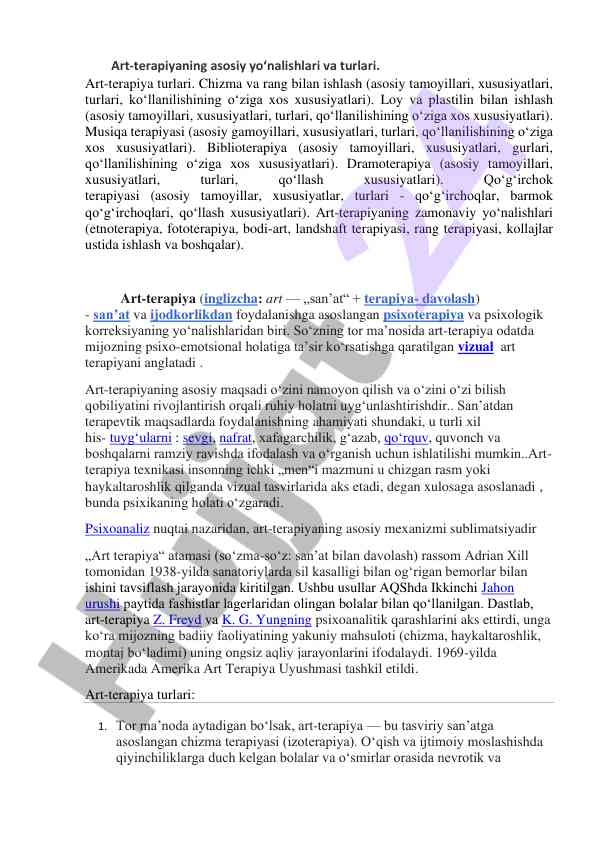 Art-terapiyaning asosiy yo‘nalishlari va turlari