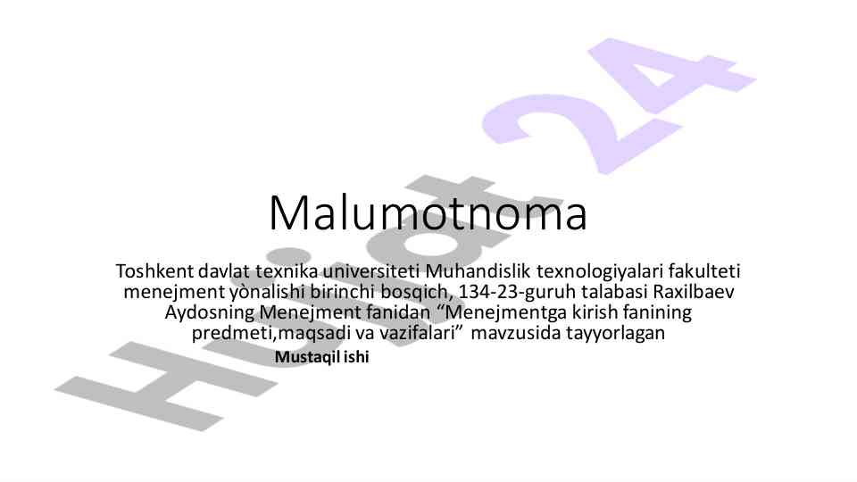 Menejmentga kirish fanining predmeti va maqsadi