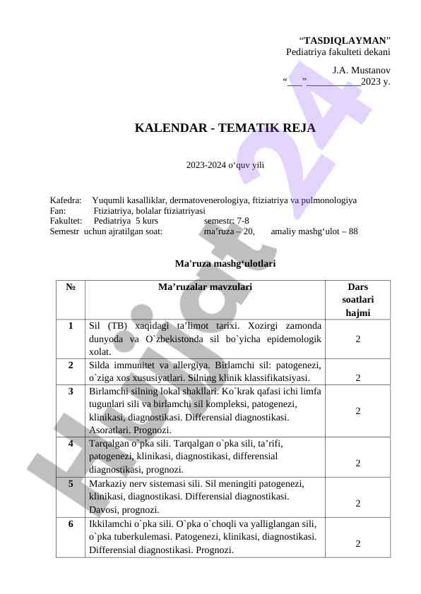 Ftiziatriya fanida tematik reja 2023-2024
