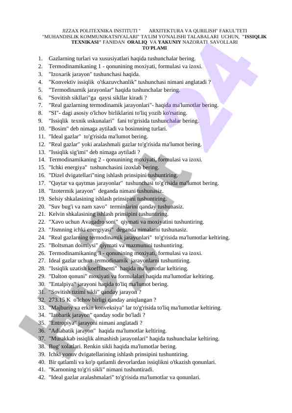 Issiqlik Texnikasi Fanidan Savollar To'plami