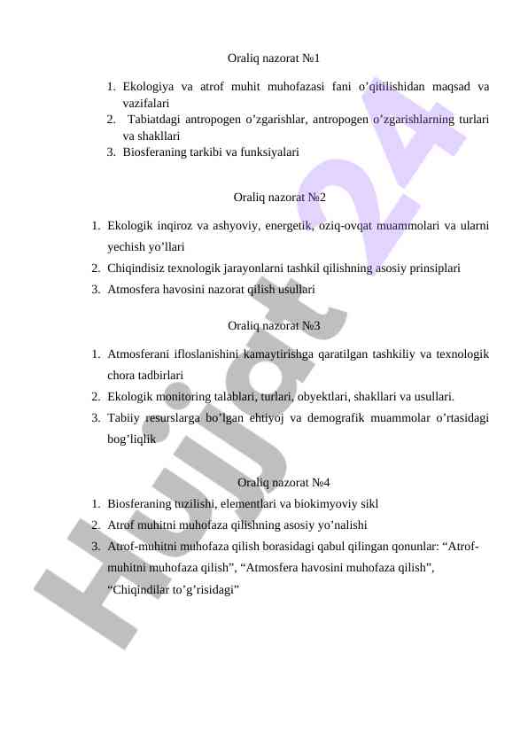 Ekologiya va atrof muhit muhofazasi bo'yicha oraliq nazorat