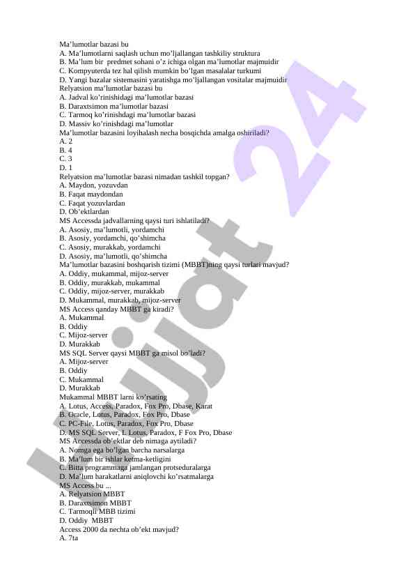 Ma'lumotlar bazasini loyihalash testlari