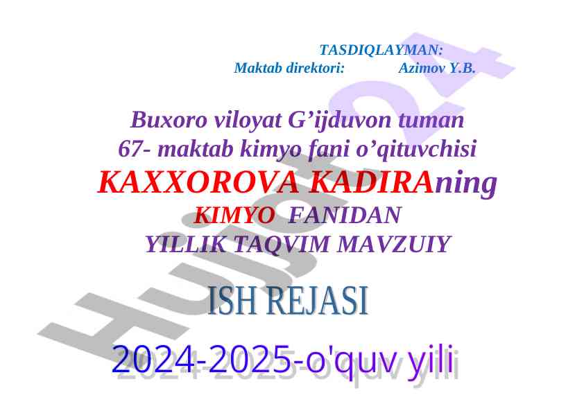 Yillik taqvim kimyo fani uchun 7-sinf