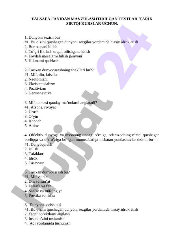 Falsafa fanidan testlar tarix sirtqi kurslar uchun