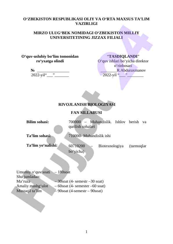 Rivojlanish biologiyasi fan sillabusi