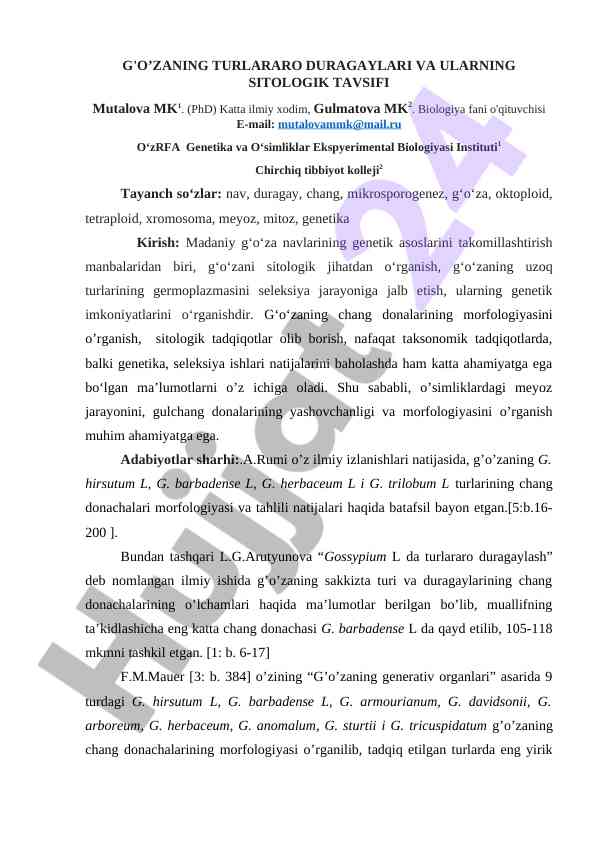 G'o'zaning turlararo duragaylari va ularning sitologik tavsifi