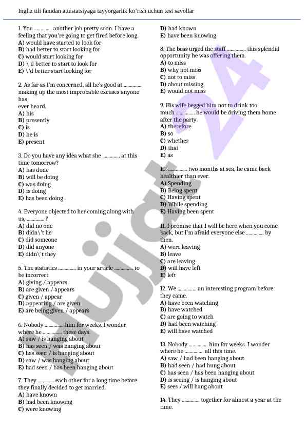 English grammar practice questions and answers