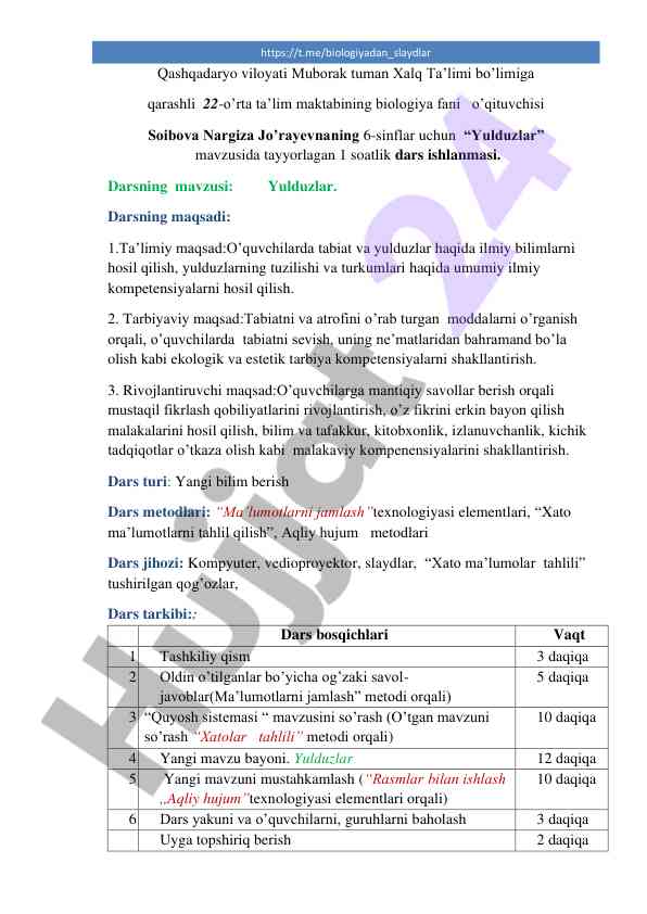 Yulduzlar mavzusida dars ishlanmasi