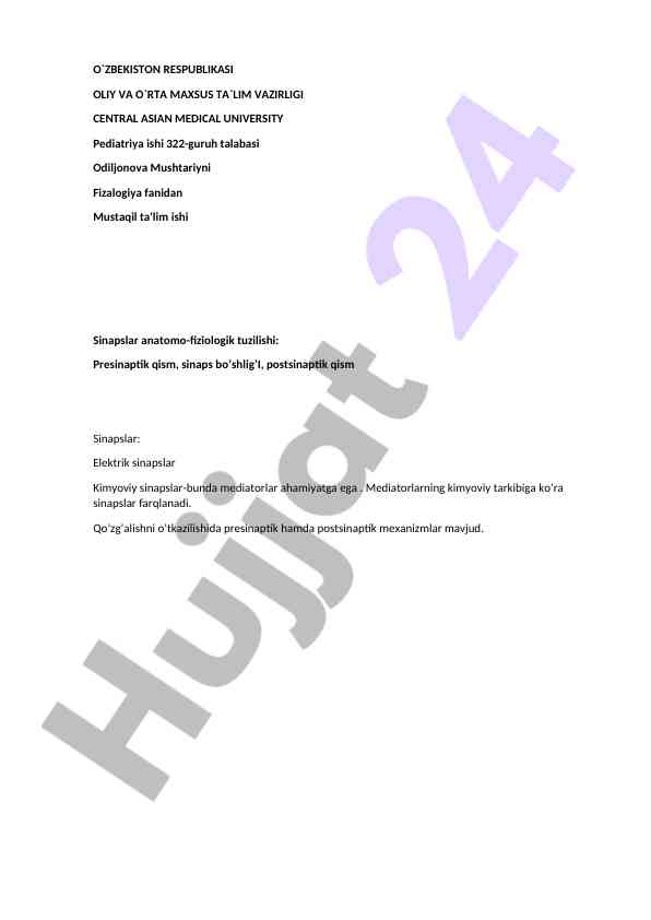 Sinapslar anatomo-fiziologik tuzilishi haqida mustaqil ish