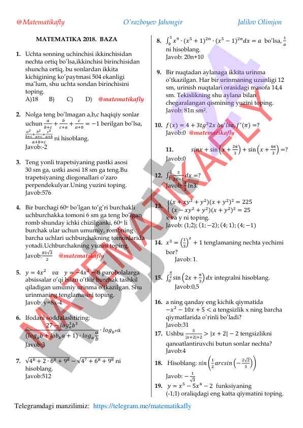 Matematika test savollari bilan kirish