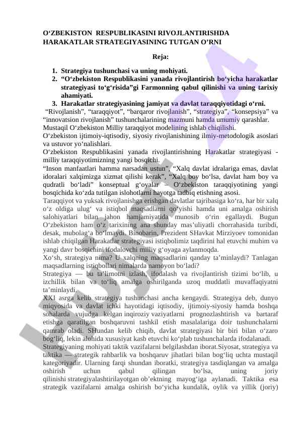 Harakatlar strategiyasining o‘zbekiston rivojlanishidagi o‘rni
