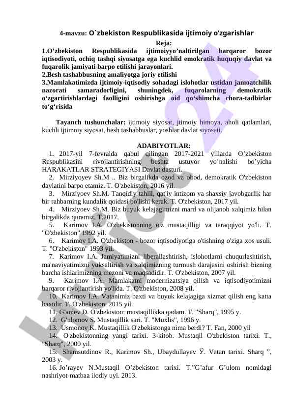 O'zbekiston respublikasida ijtimoiy o'zgarishlar