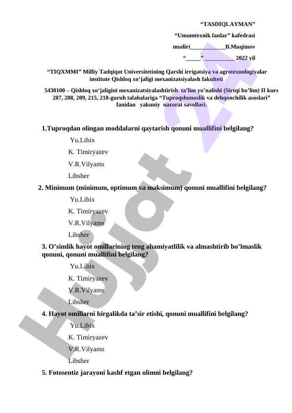Tuproqshunoslik va dehqonchilik asoslari nazorat savollari