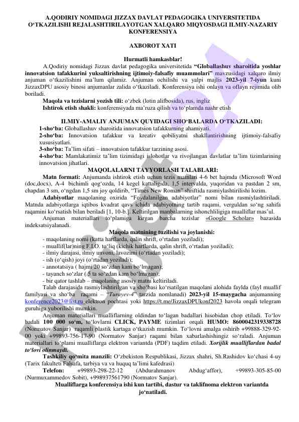 Xalqaro ilmiy-anjuman yoshlarda innovatsion tafakkur