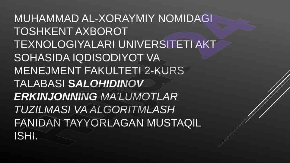 Algoritmlar va kutubxonalar tuzilishi bo‘yicha mustaqil ish