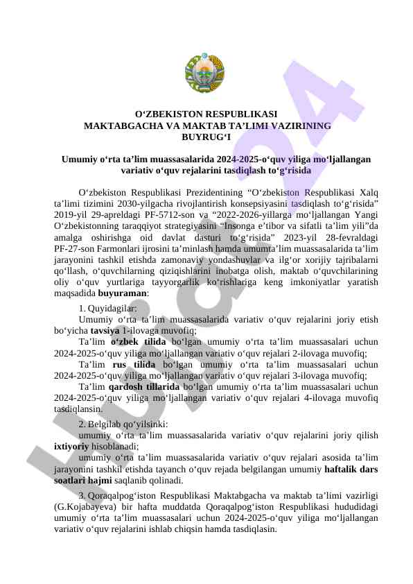 2024-2025 o‘quv yili uchun o‘quv rejalari tasdiqlash
