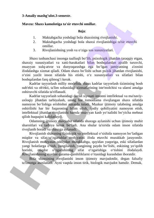 Shaxs kamolotiga ta'sir etuvchi omillar