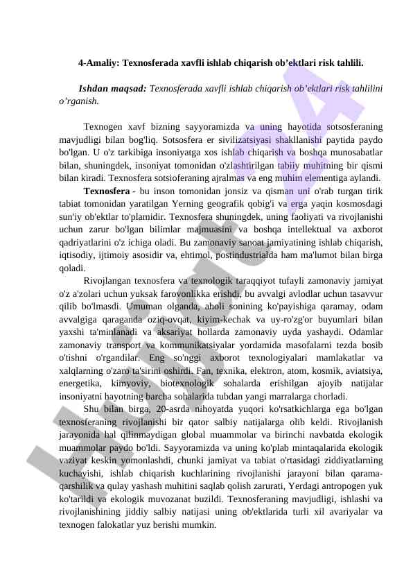 Texnosferada xavfli ishlab chiqarish risk tahlili