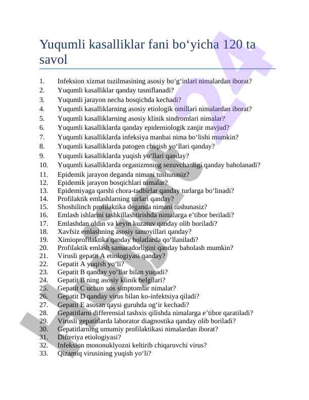 Yuqumli kasalliklar fani bo'yicha 120 ta savol