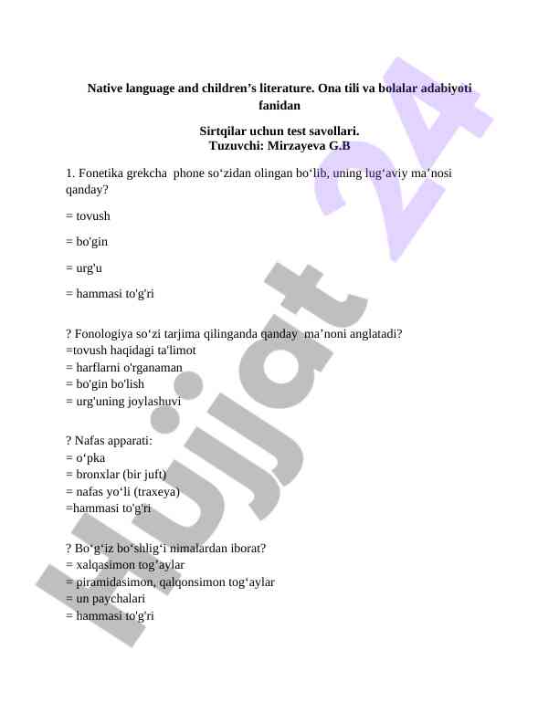 Ona tili va bolalar adabiyoti test savollari