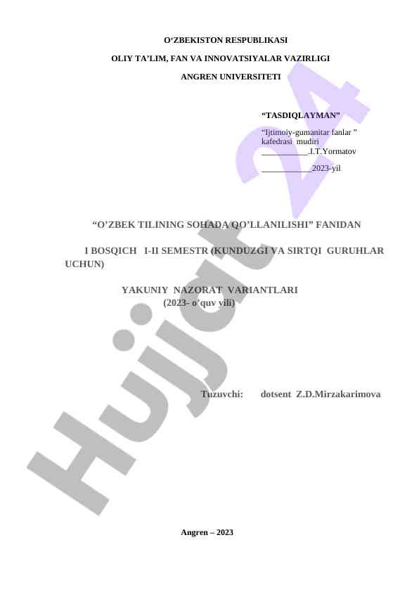 O‘zbek tilining sohada qo‘llanilishi test savollari