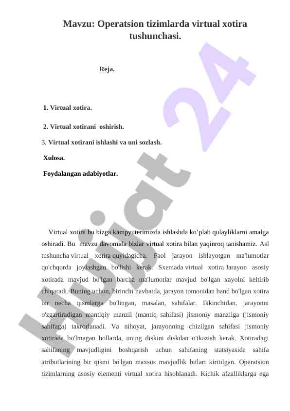 Virtual xotira tushunchasi operatsion tizimlarda