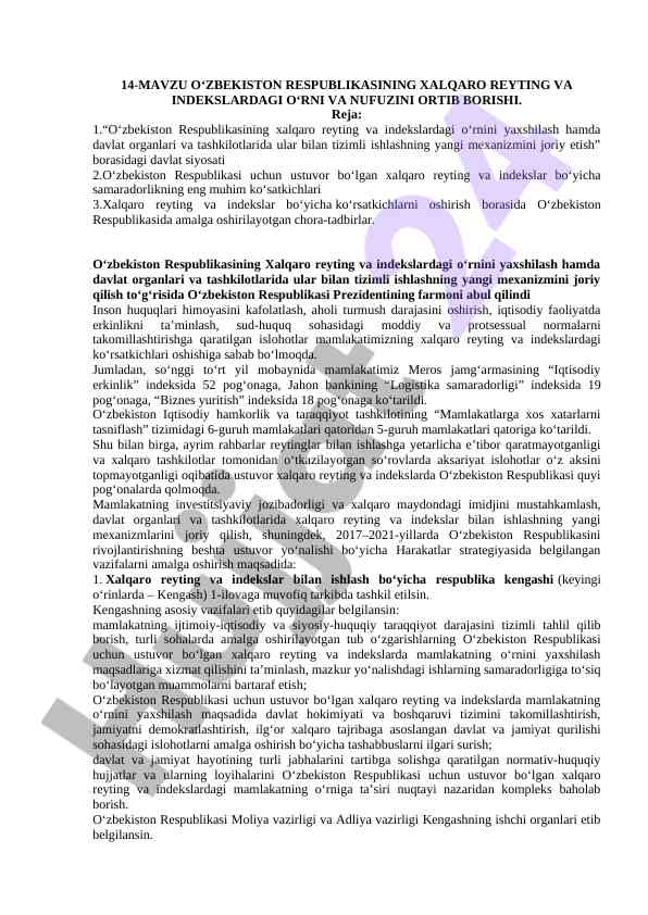 O‘zbekiston respublikasining xalqaro reytinglari o‘rni