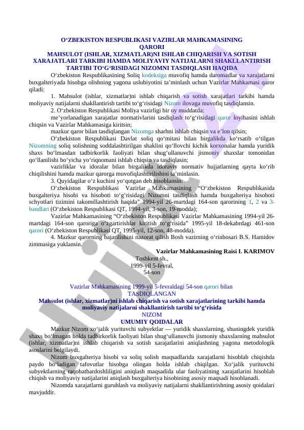 Moliya va kredit qonunchiligi asosida buxgalteriya hisobi