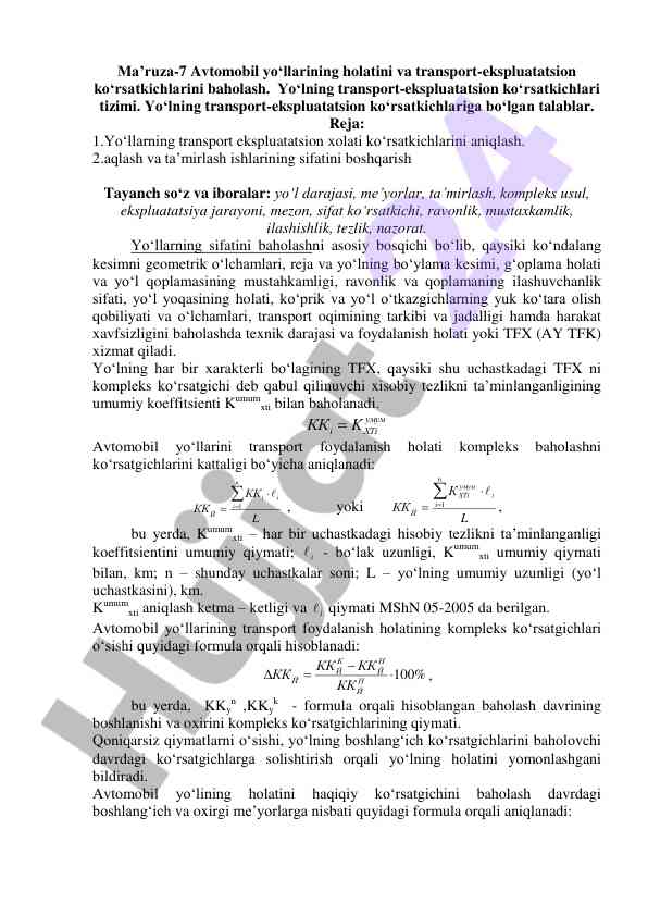 Avtomobil yo'llarining transport-ekspluatatsion ko'rsatkichlari