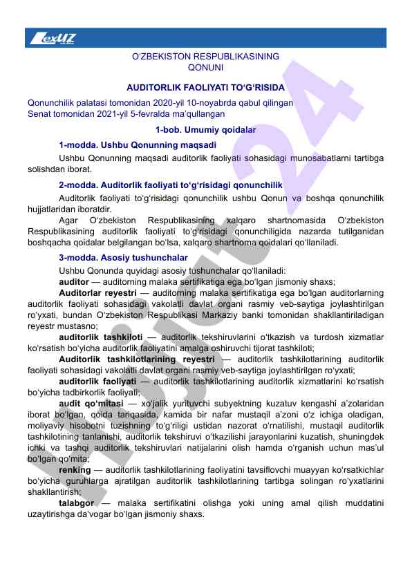 O‘zbekiston respublikasi auditorlik faoliyati qonuni