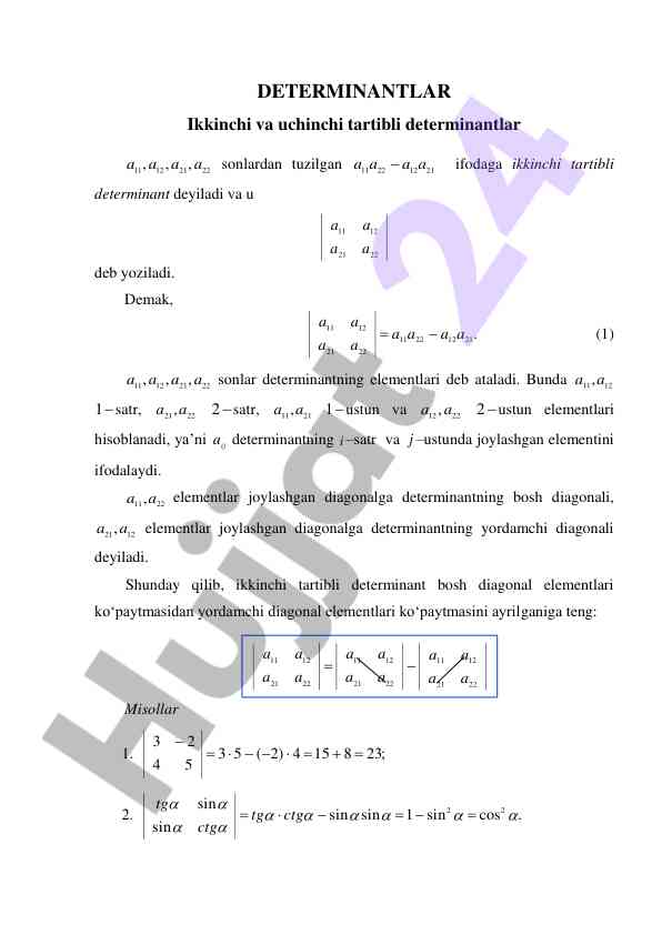 Ikkinchi tartibli determinantlar va ularning xususiyatlari